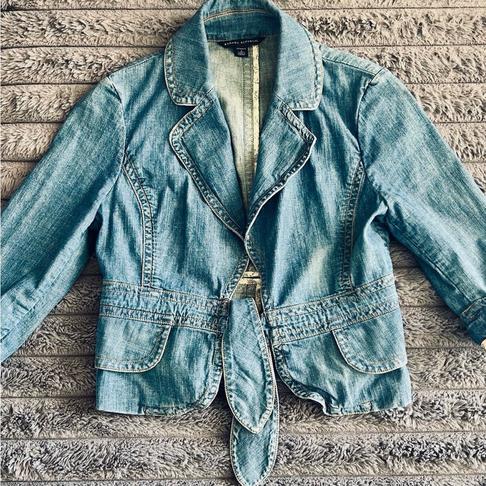 Banana Republic Blue Cropped Jean Jacket with Three-Quarter Sleeves